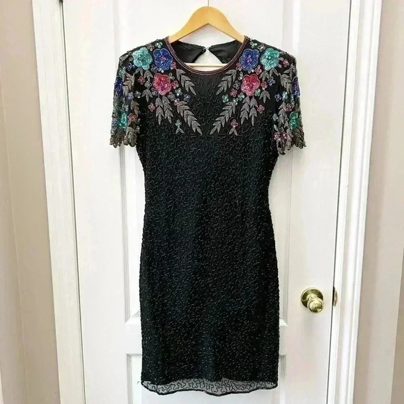 SCALA Sequin Beaded Cocktail Evening Dress Black Multi Colour Open Back Medium - Picture 3 of 15